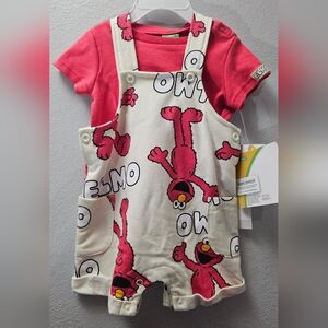 NWT Sesame Street Elmo Boys 2 Piece Outfit T-shirt & Short Overalls - Size 3-6 M